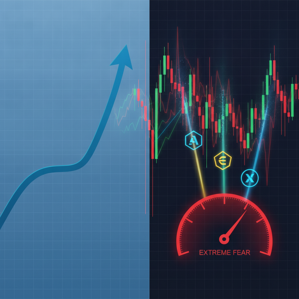 A split-screen or juxtaposed image. On one side, a smooth, ascending line graph representing traditi