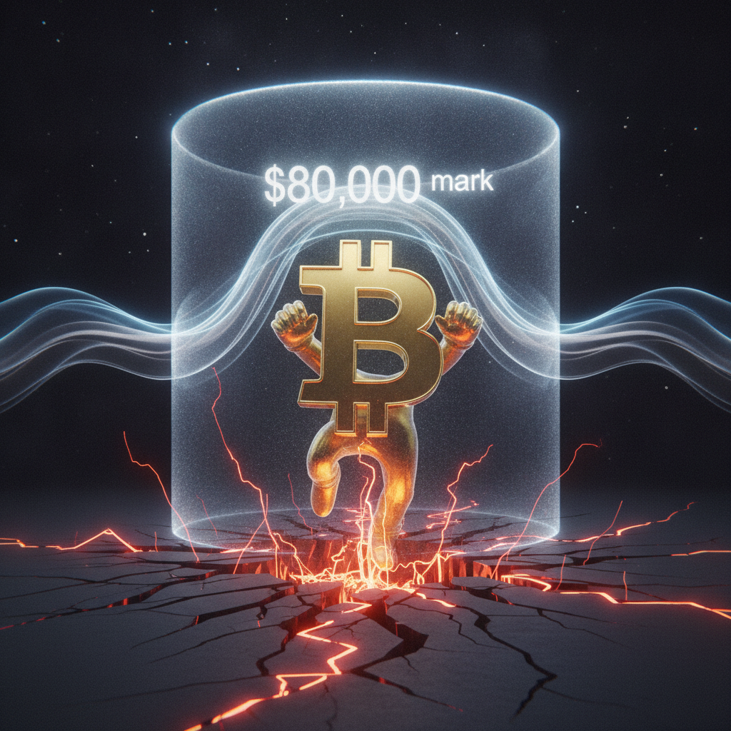 A dynamic image showcasing a bright, determined Bitcoin icon pushing upwards towards an invisible ba