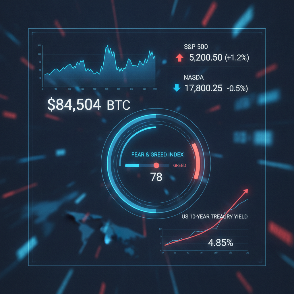 A futuristic, clean digital dashboard displaying a mosaic of financial indicators. Prominently featu