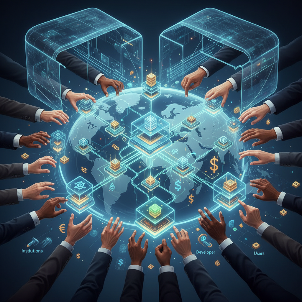 A futuristic, conceptual illustration showing diverse, professional hands (representing institutions