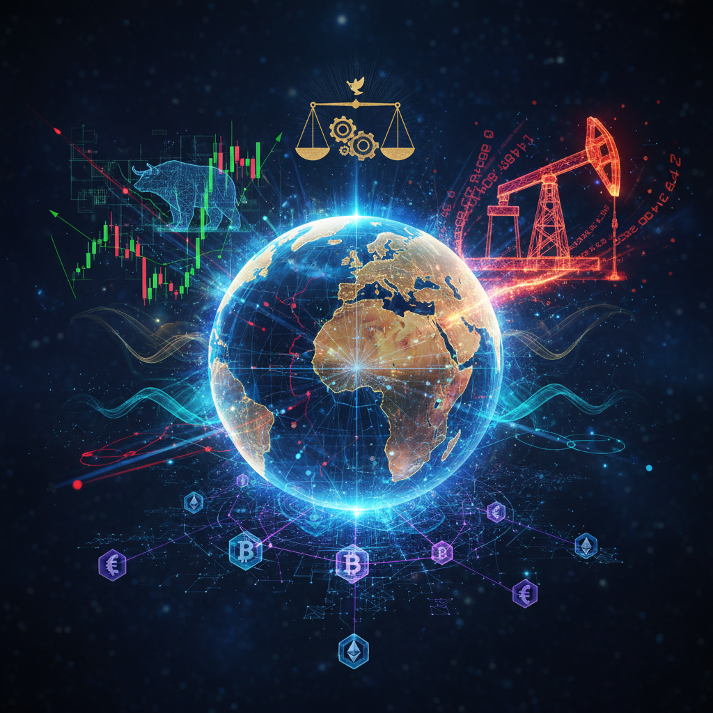 A futuristic, high-tech illustration depicting a global financial landscape. In the center, a styliz