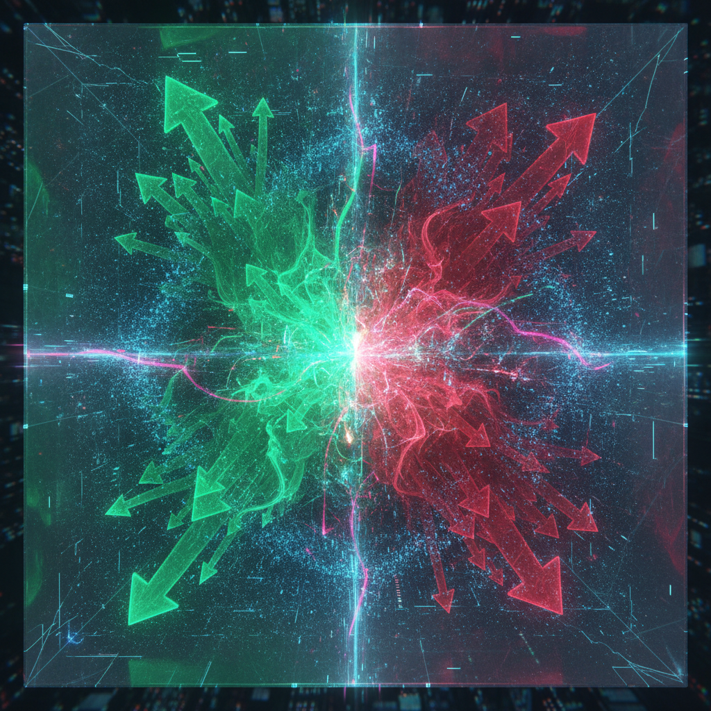 An abstract and dynamic digital illustration visualizing the cryptocurrency futures market. Two dist