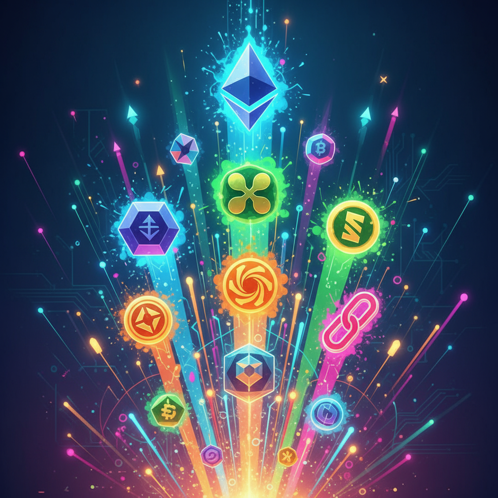 A dynamic and energetic digital artwork showcasing a collection of diverse, stylized cryptocurrency 