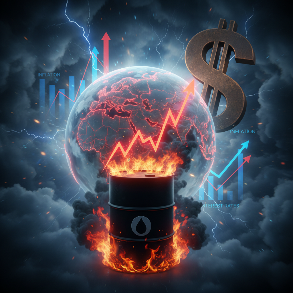 A dramatic visual representation of global economic tension. In the foreground, a stylized oil barre
