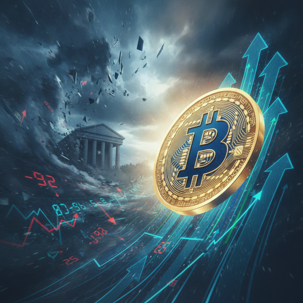 A dynamic visual metaphor depicting the resilience of the cryptocurrency market against macroeconomi