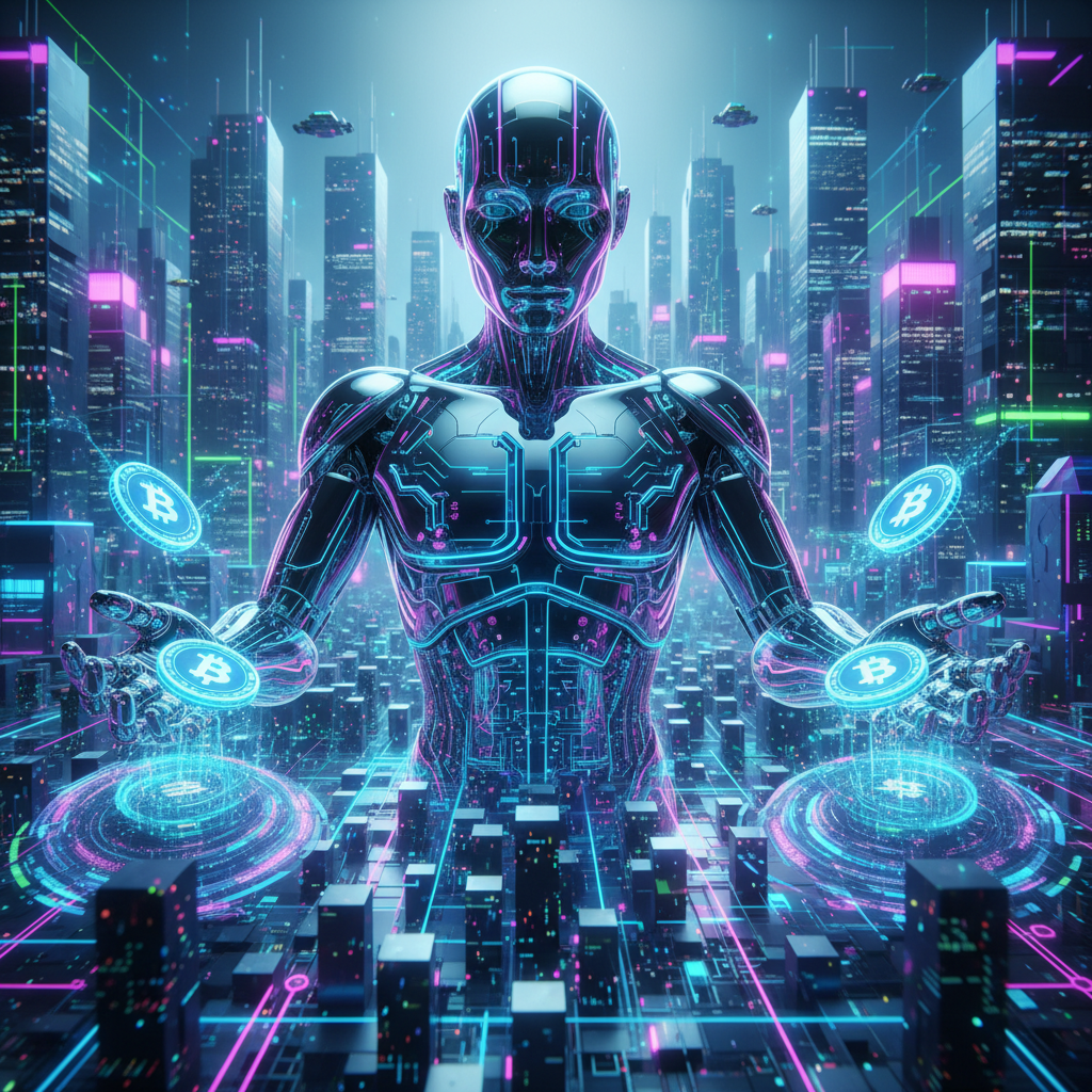 A sleek, futuristic AI agent, depicted as a humanoid robot with intricate glowing circuits, seamless