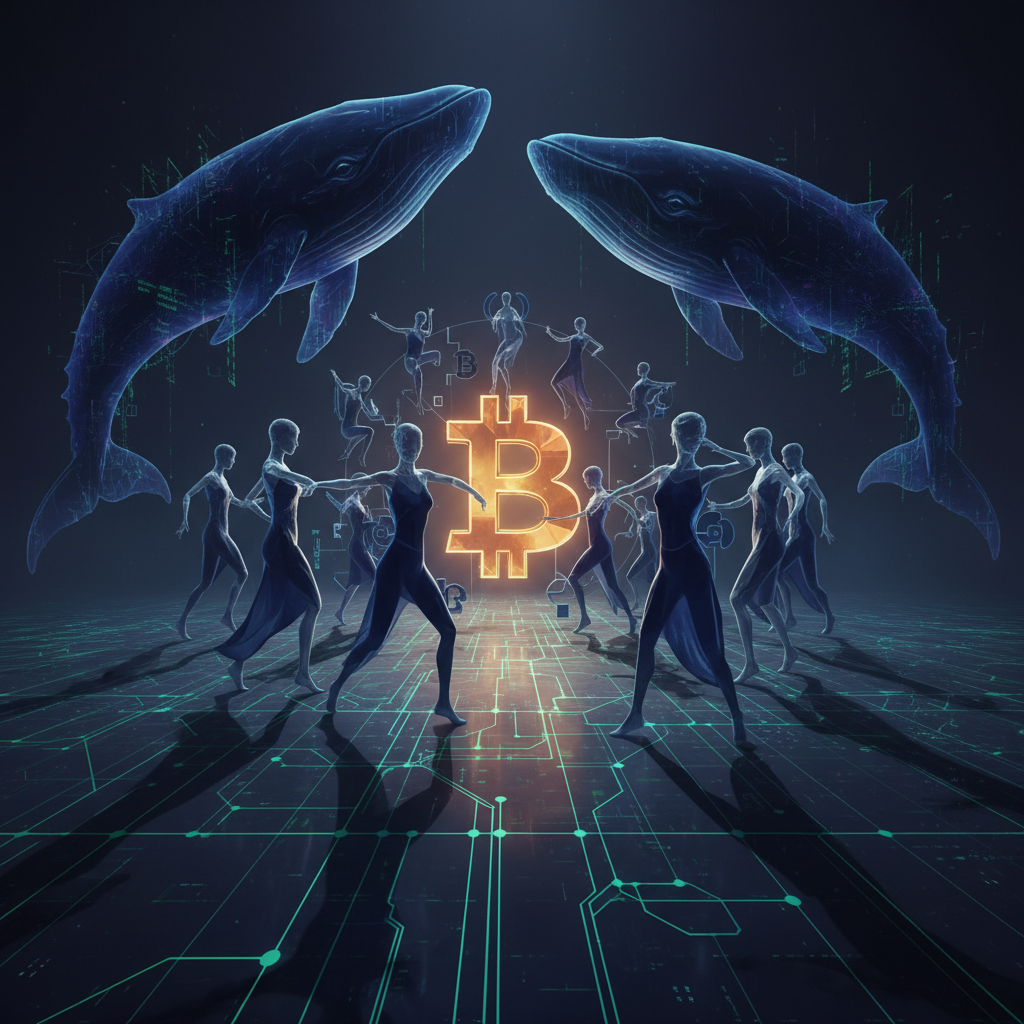 A conceptual digital art piece illustrating the 'dance of institutions and shadow of whales' in the 