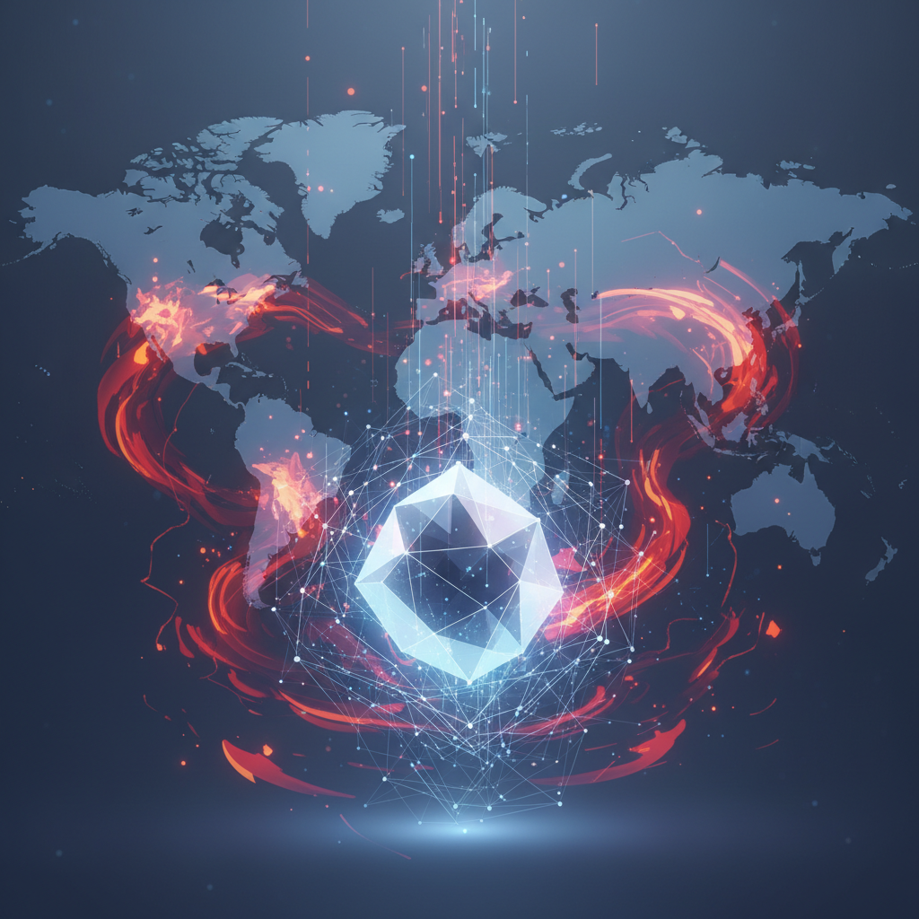 An abstract, dynamic visualization depicting global geopolitical tensions and their impact on financ