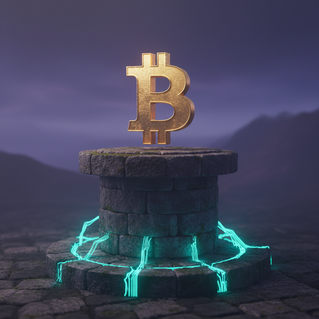 A majestic, slightly weathered golden Bitcoin symbol standing firmly on a sturdy, ancient-looking st