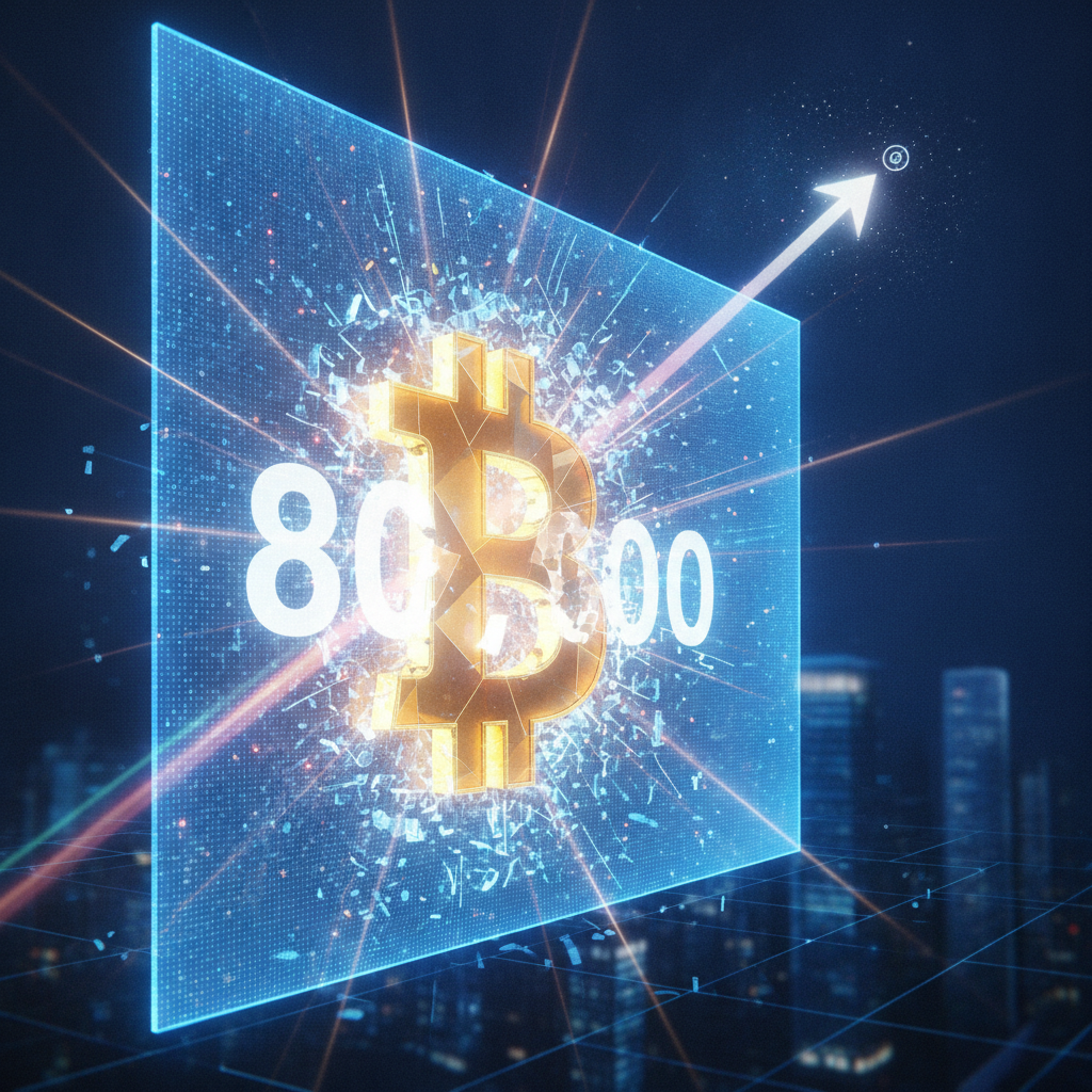 A powerful visual depicting Bitcoin (BTC) breaking through a significant financial barrier. A large,