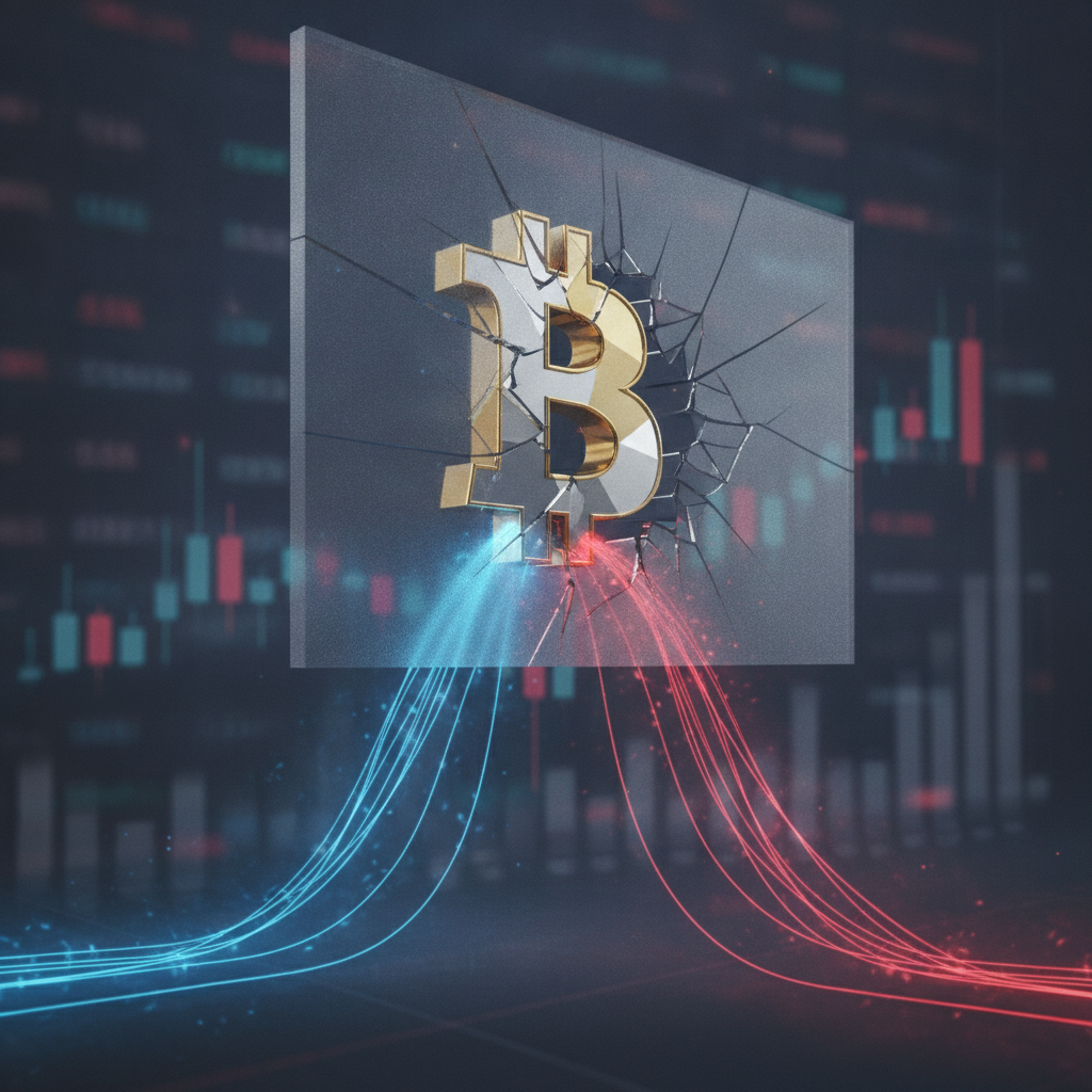 A large, stylized 3D Bitcoin symbol is depicted struggling to break through a visible, strong, invis