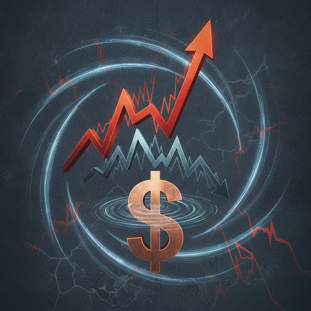 A powerful, abstract visual representing macro-economic pressure. Focus on a central, stylized graph