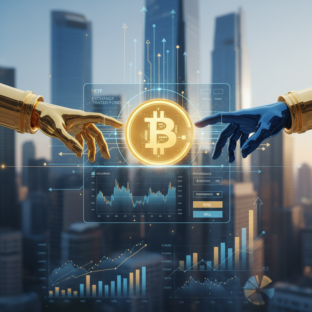 A sophisticated visual representing the intersection of traditional finance and cryptocurrency. Eleg