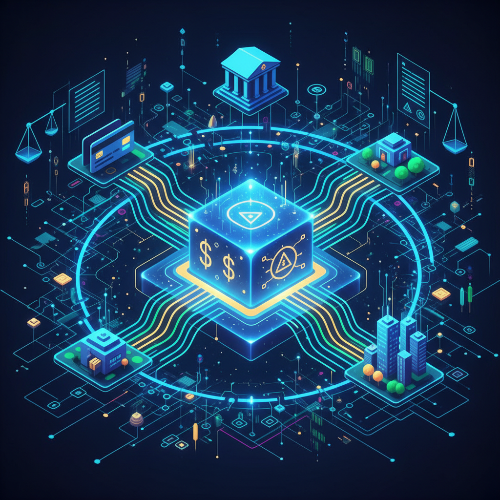 A conceptual illustration showcasing the integration and expansion of stablecoins. In the center, a 