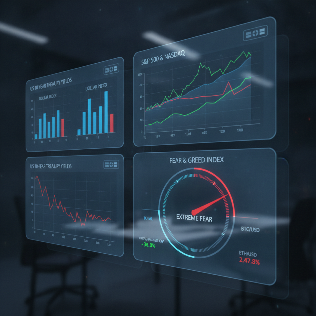 A futuristic digital financial dashboard displaying a complex array of real-time market data. Multip