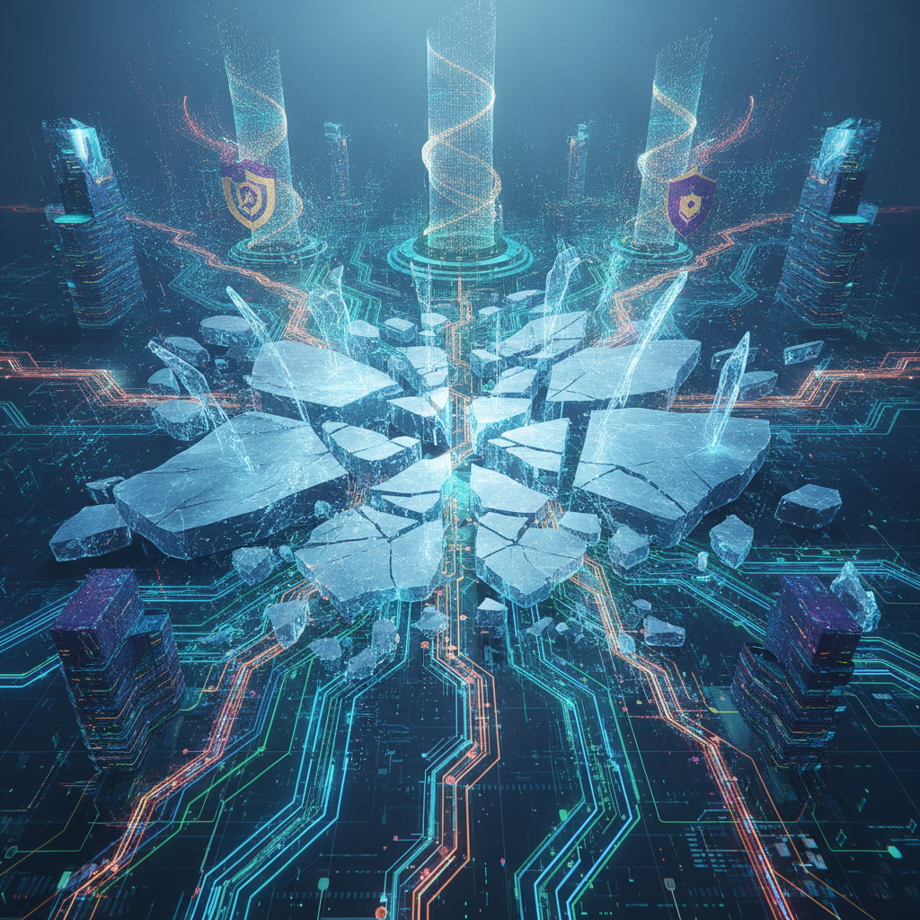 A dynamic and evolving digital landscape where cracked, frozen blockchain structures are breaking ap