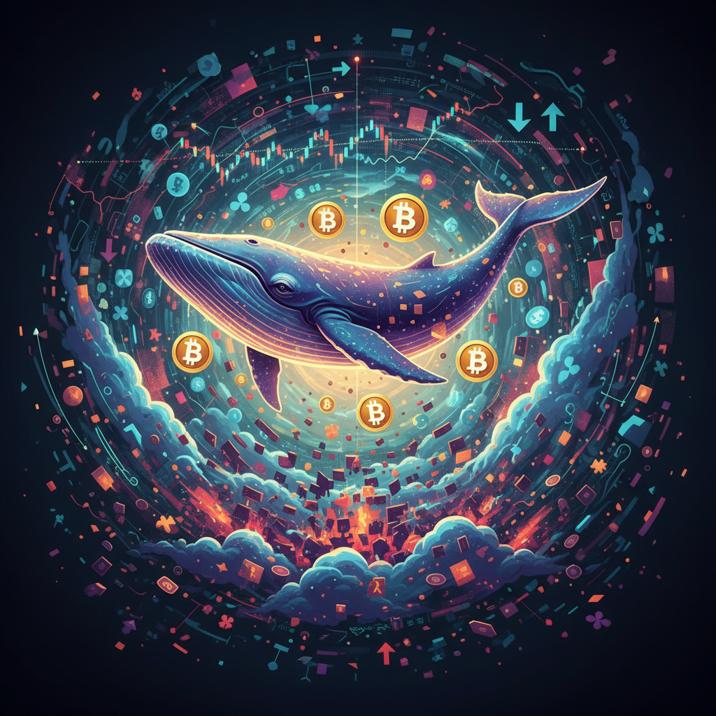 A majestic, stylized digital whale, glowing with an inner light, swims gracefully through a turbulen