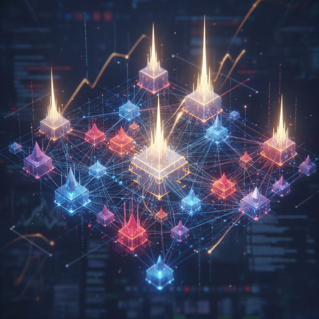 A dynamic, abstract data visualization representing a deep dive into multiple cryptocurrency altcoin