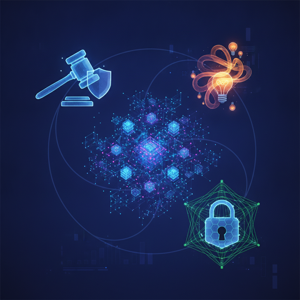 A conceptual digital illustration depicting the balance and interplay of 'Regulation,' 'Innovation,'
