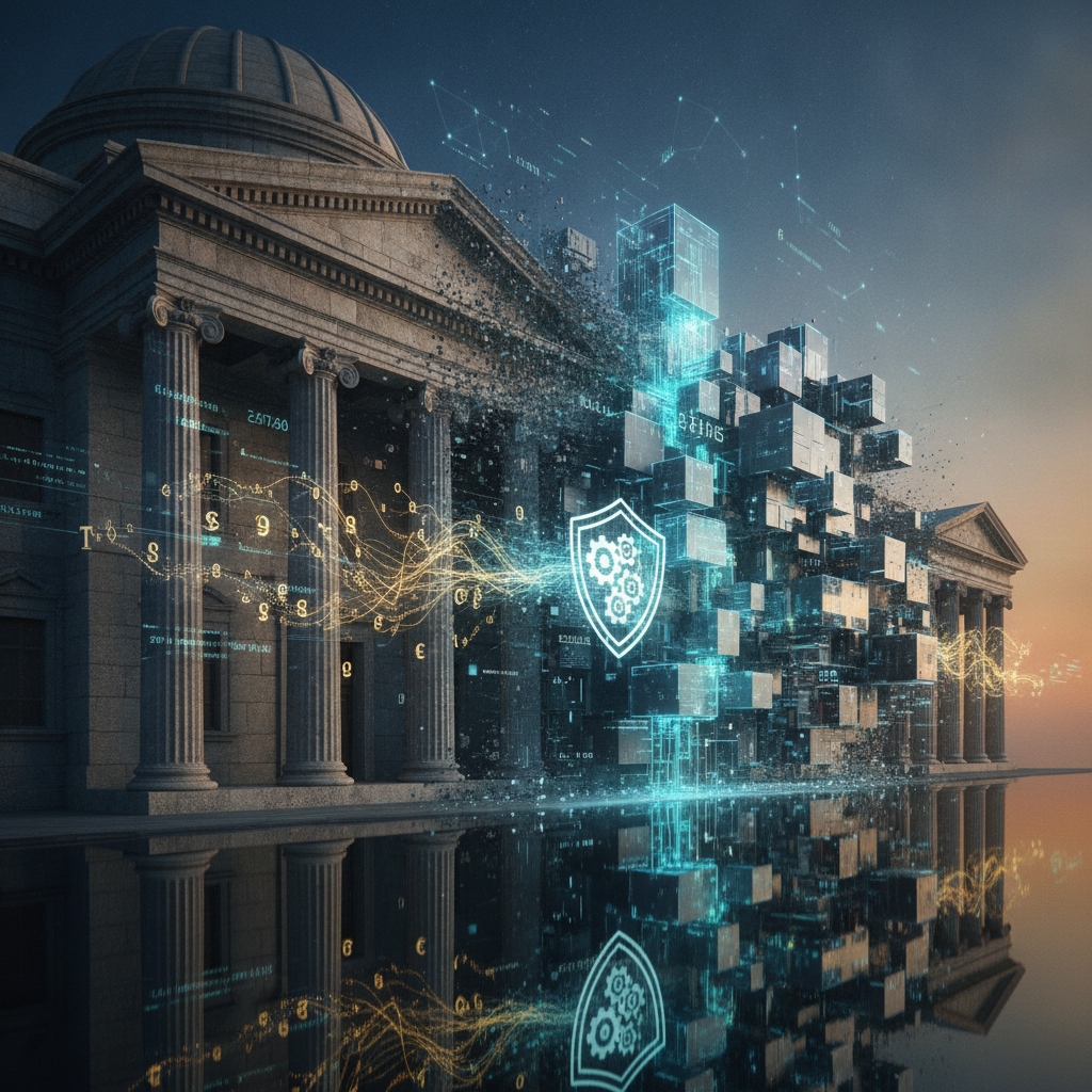 A powerful visual representing the convergence of traditional finance and blockchain technology. A g
