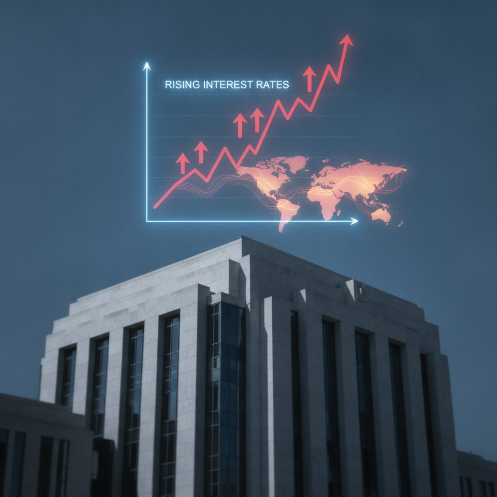 A modern, clean image visualizing macroeconomic pressures. Dominant elements include abstract repres