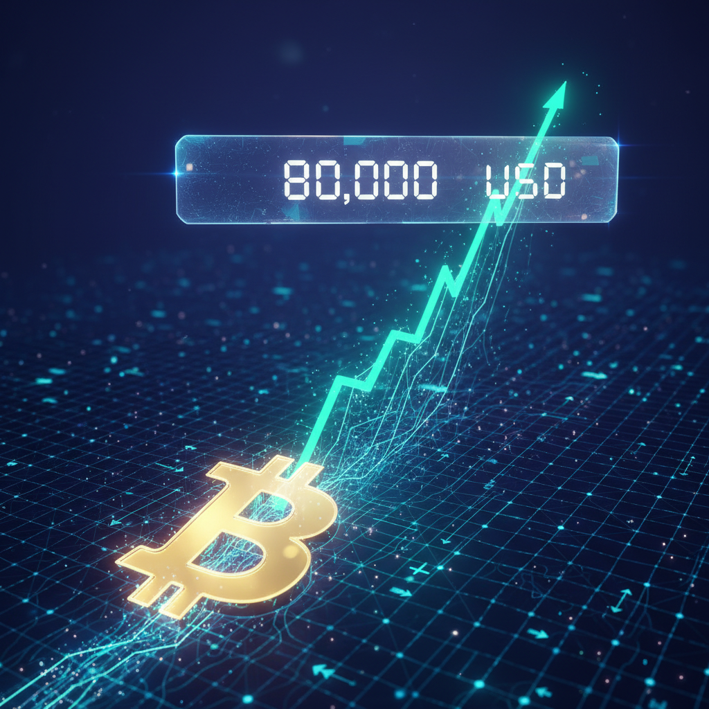 A sleek, futuristic digital art piece depicting a large, glowing Bitcoin symbol at the base of a ste