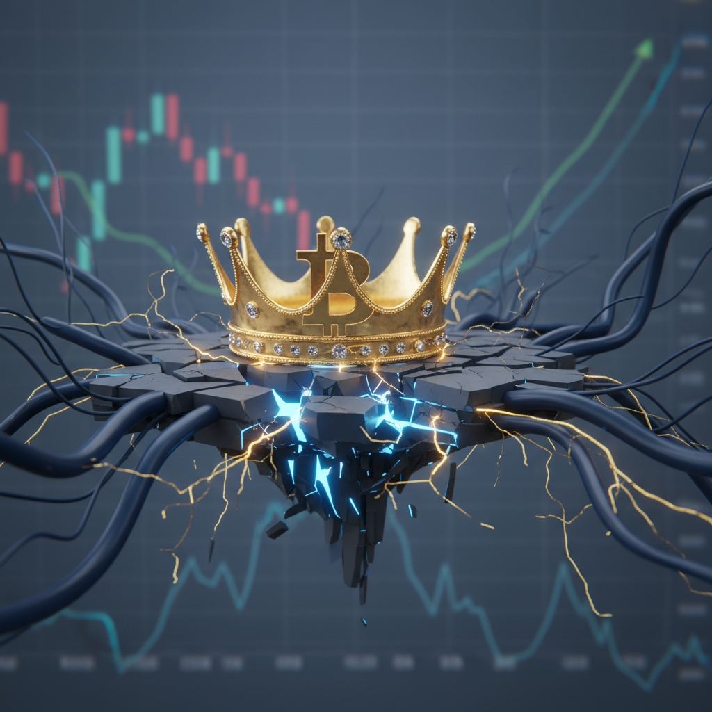 A majestic, golden digital Bitcoin symbol, stylized as a regal crown, sits precariously on a shimmer