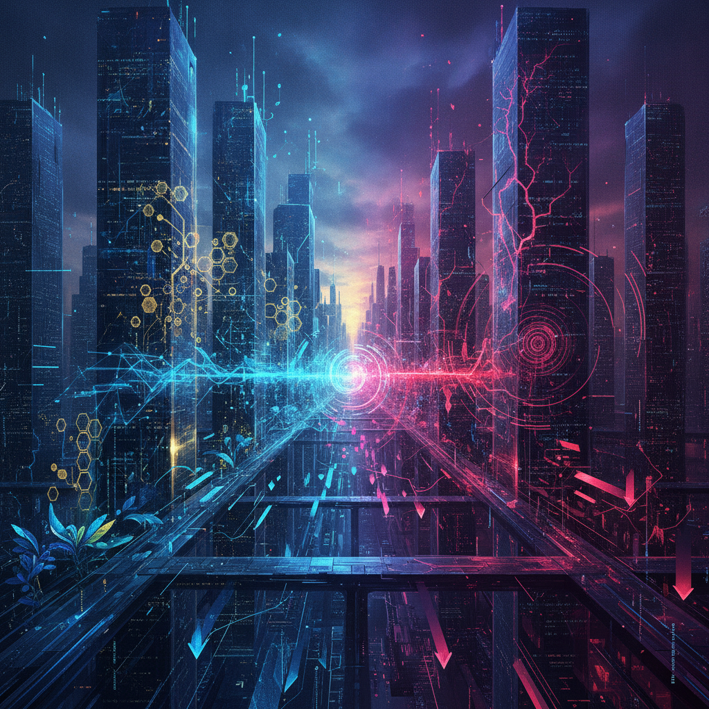 A futuristic digital art illustration depicting a seamless yet dynamic intersection of blockchain te