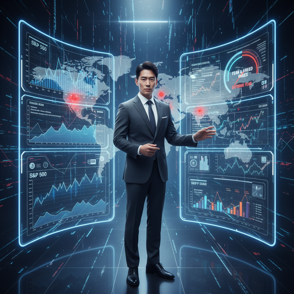 A high-tech, data-rich command center. A sophisticated male financial analyst, embodying the 'Seo Ji
