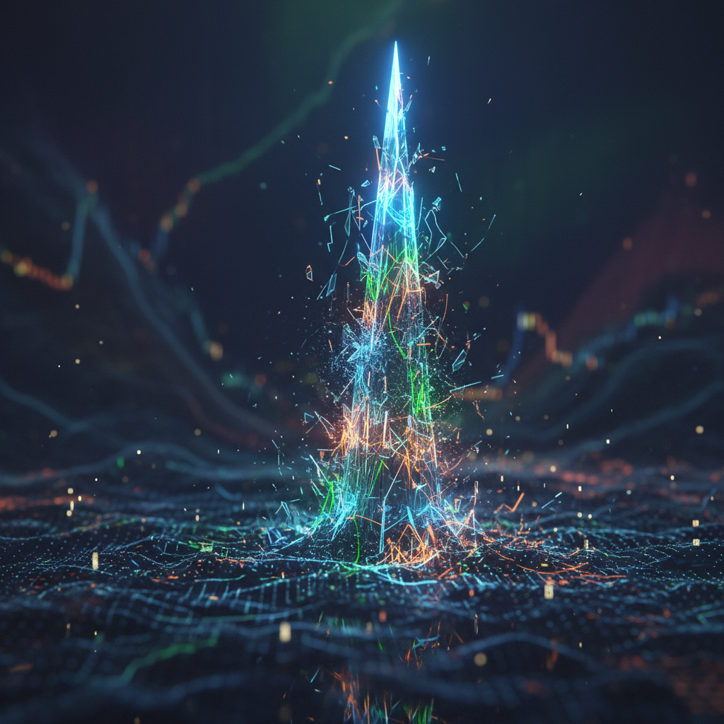 An abstract, dynamic visualization of an extremely volatile cryptocurrency market. A sharp, dramatic