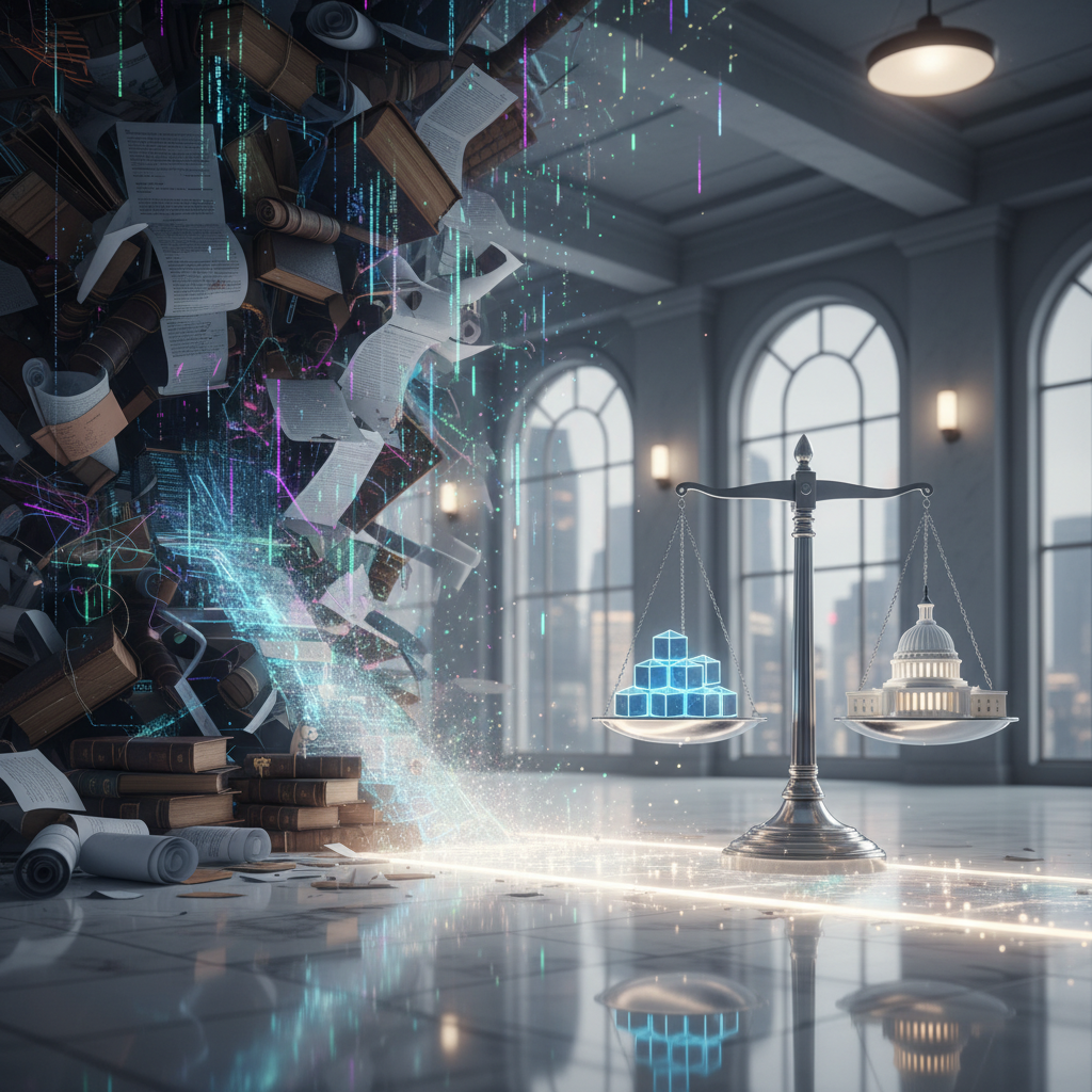 A sophisticated visual metaphor representing the evolving US blockchain regulatory landscape. On one