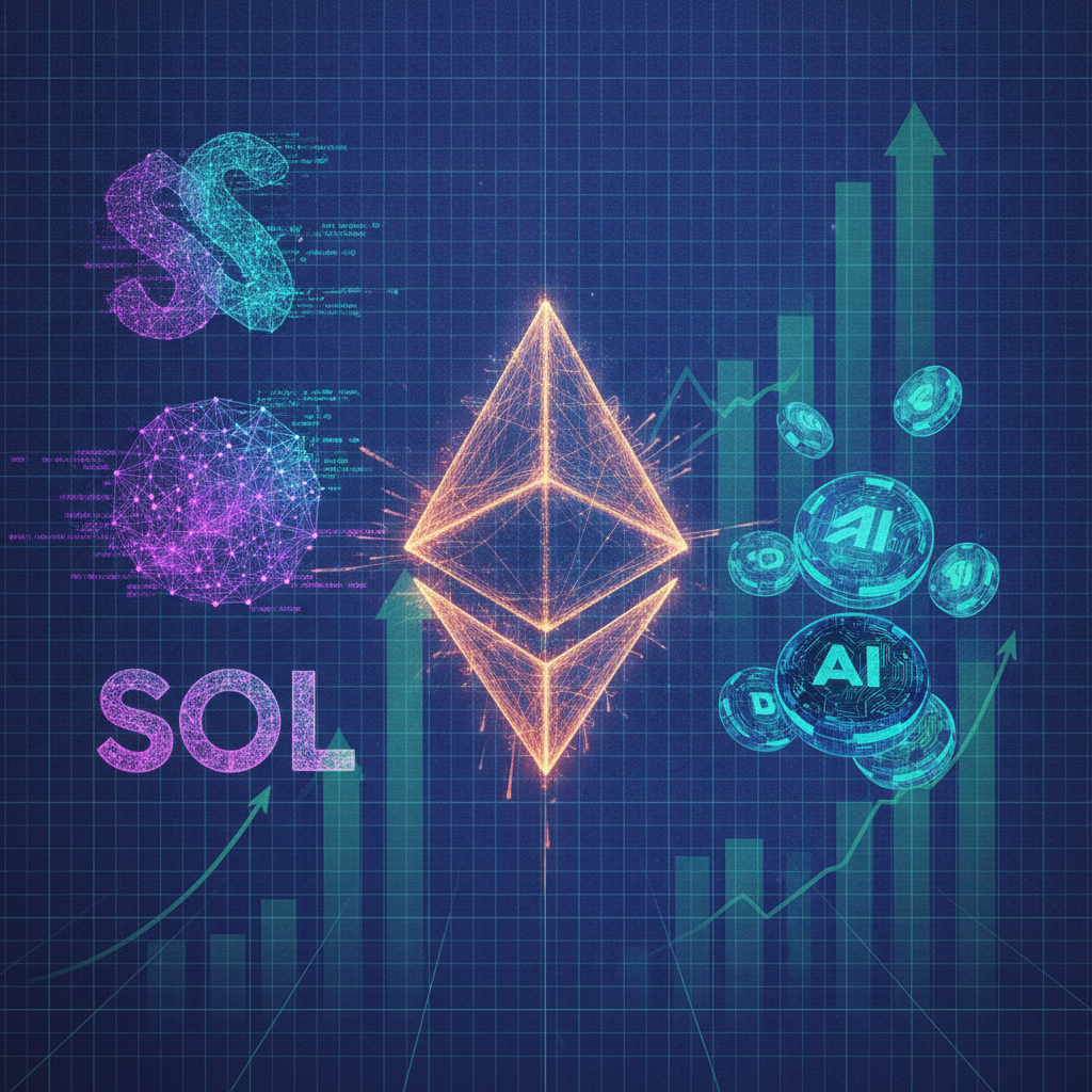A vibrant and dynamic collage representing the diverse growth of altcoins. In the center, a stylized