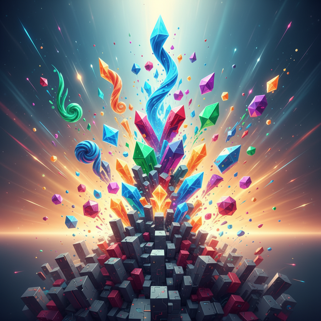 A highly dynamic and abstract visualization depicting various colorful altcoins surging upwards. Mul
