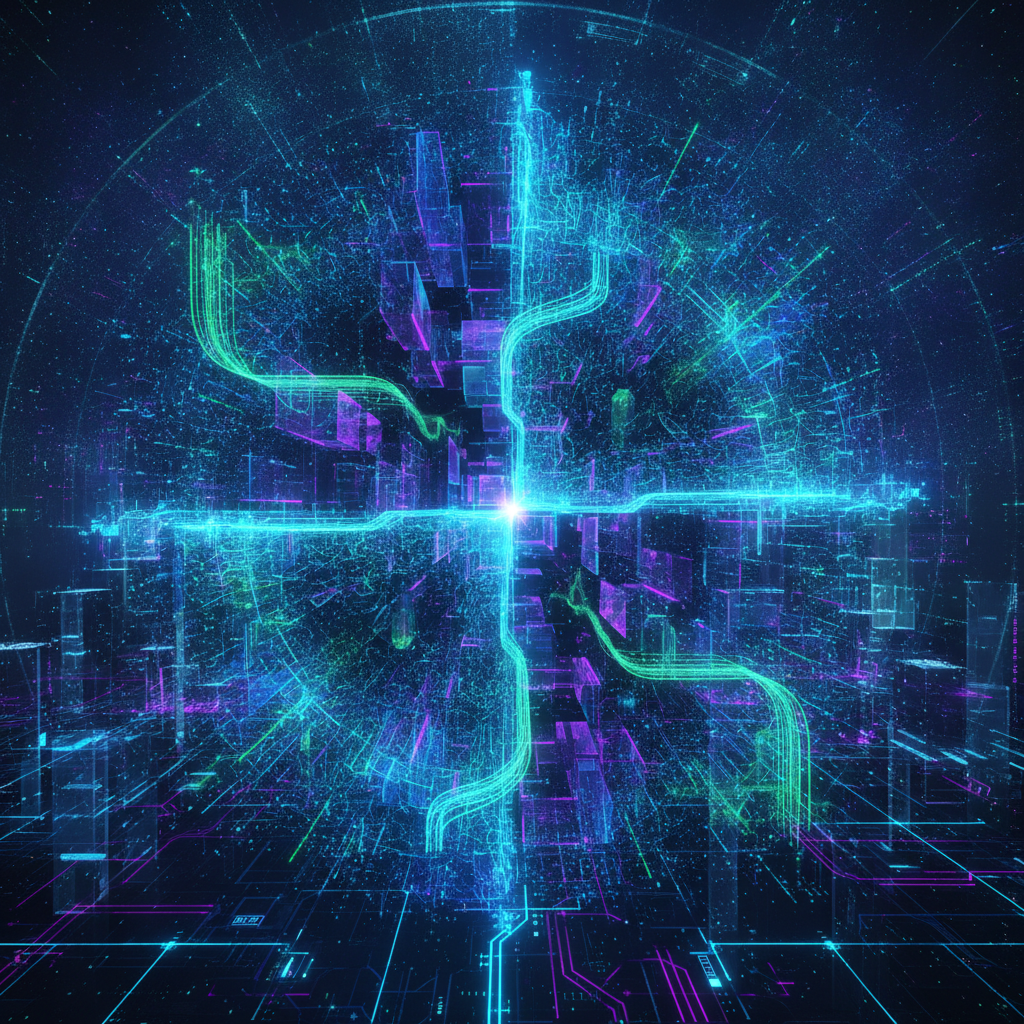 A visually stunning, futuristic digital illustration depicting the seamless and powerful convergence