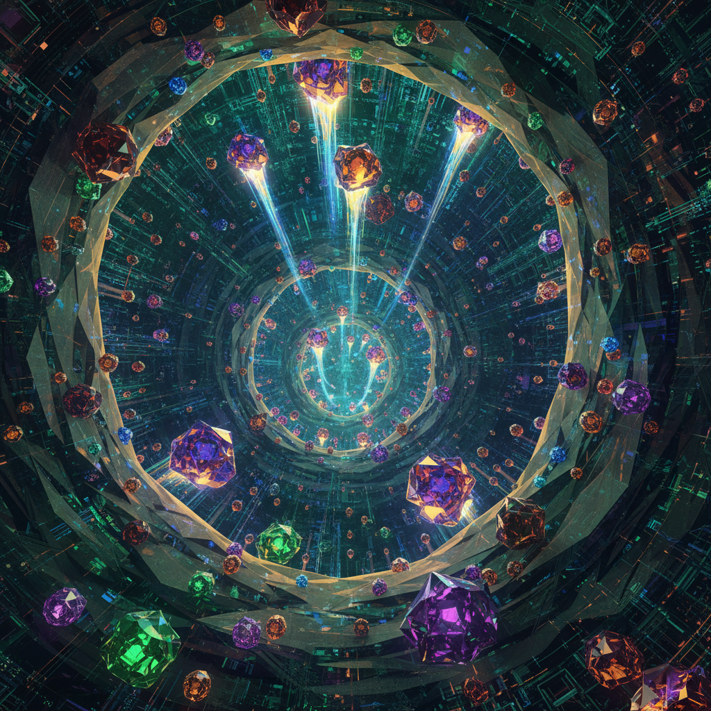 A captivating, abstract digital landscape resembling a complex network or a futuristic cavern. Withi