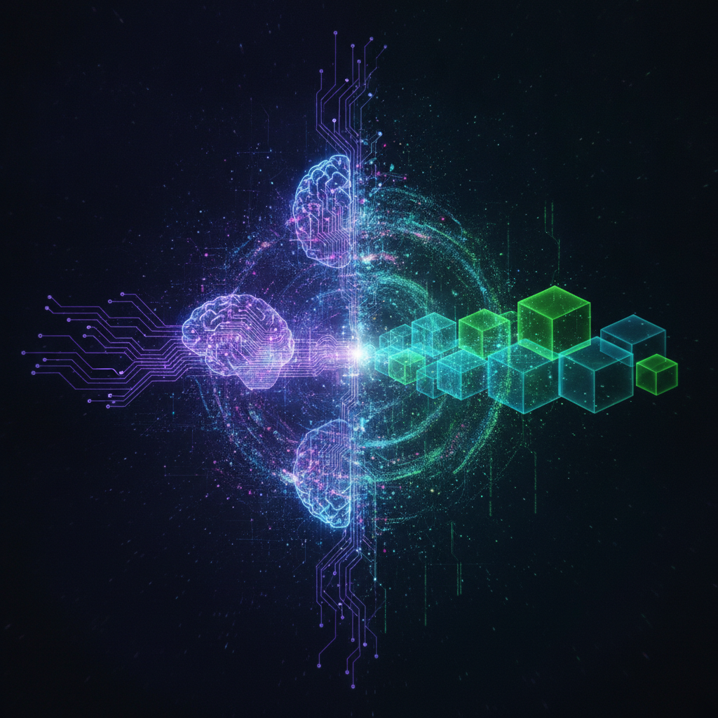 A sleek, futuristic abstract representation of artificial intelligence seamlessly merging with block