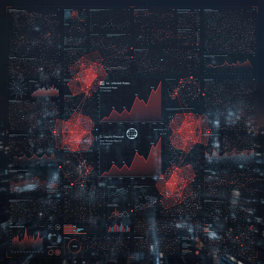 A highly detailed, futuristic financial dashboard displaying a multitude of interconnected data visu