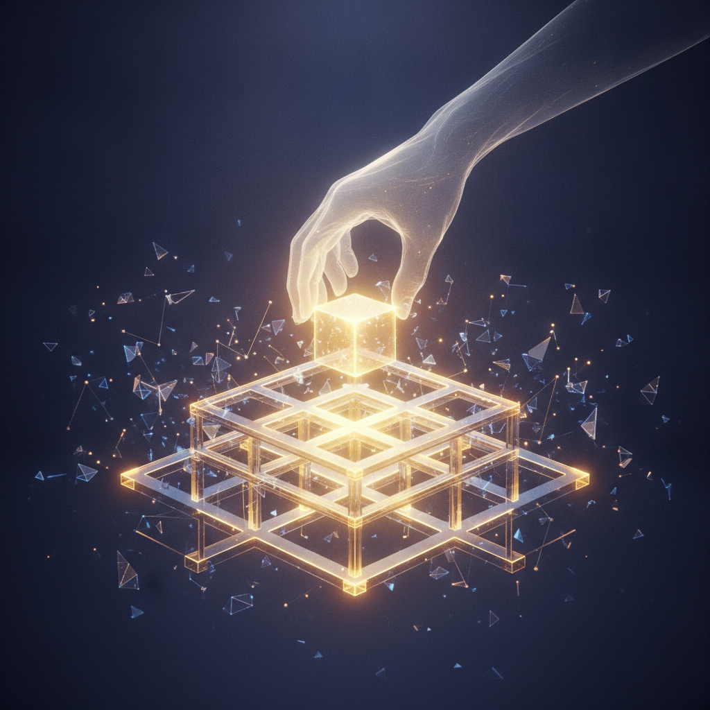 An abstract representation of a fragmented and chaotic digital market landscape, with scattered glow