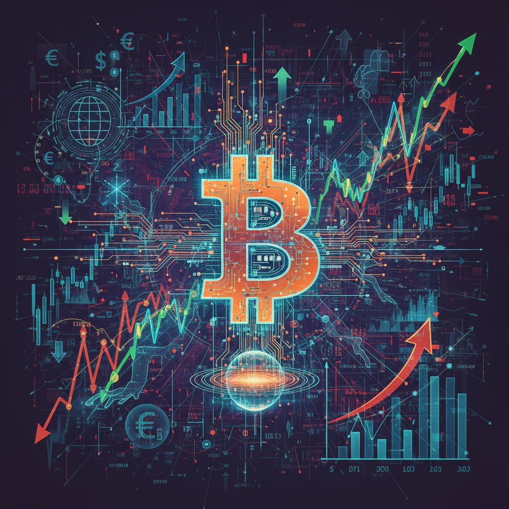 A dynamic and complex digital artwork illustrating the Bitcoin market amidst macroeconomic factors. 