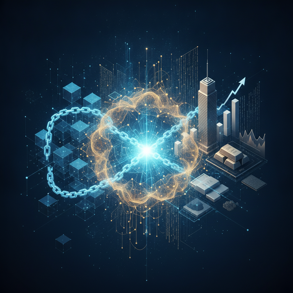 An abstract, high-tech visual representing the seamless convergence of Blockchain, Artificial Intell