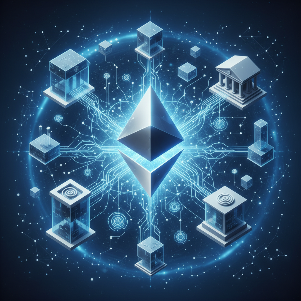 A futuristic and interconnected representation of Ethereum as a global financial infrastructure. The