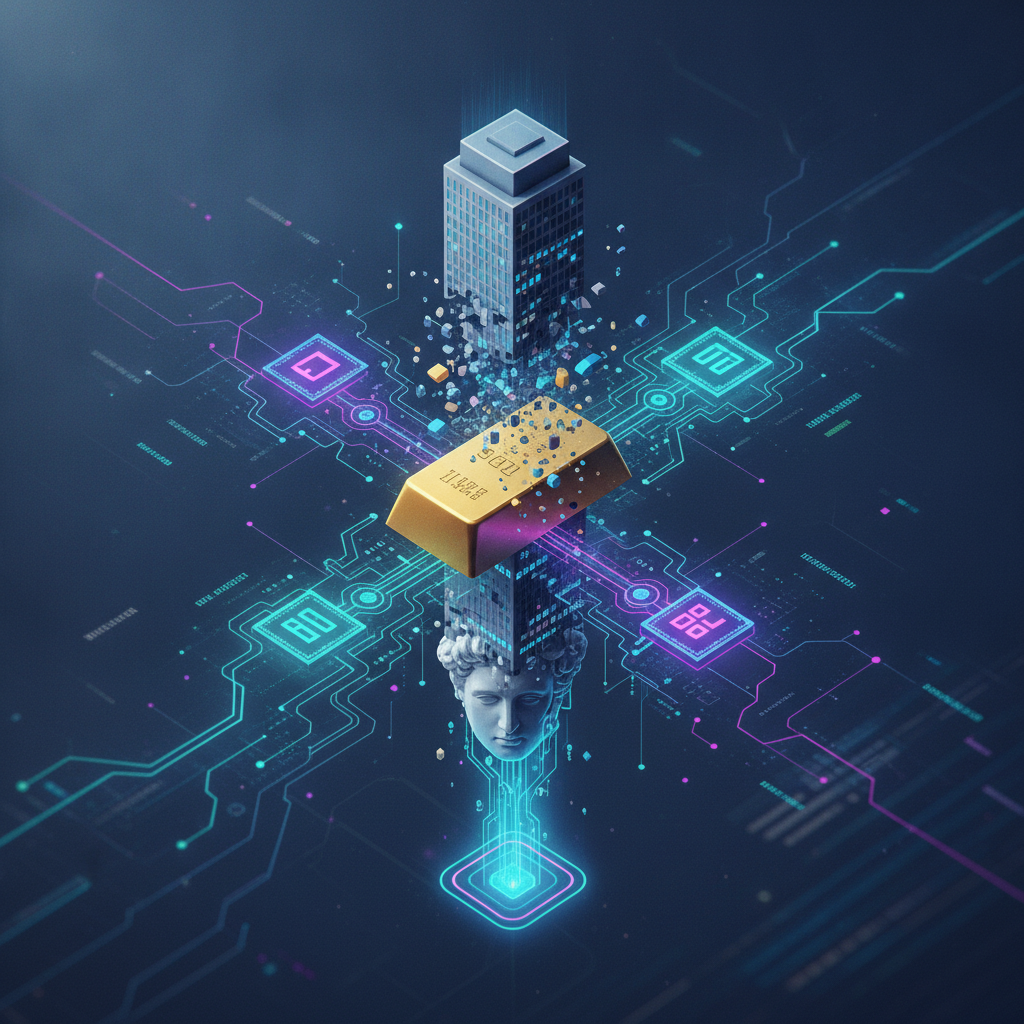 An abstract, high-tech illustration depicting Real World Assets (RWA) being seamlessly integrated in