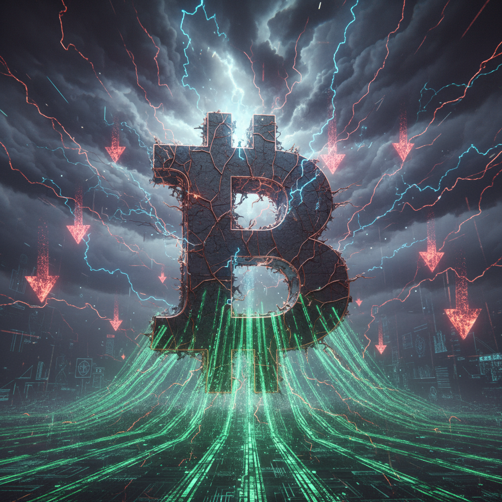 A majestic, stylized Bitcoin symbol, appearing as a weathered but resilient giant, standing firm ami