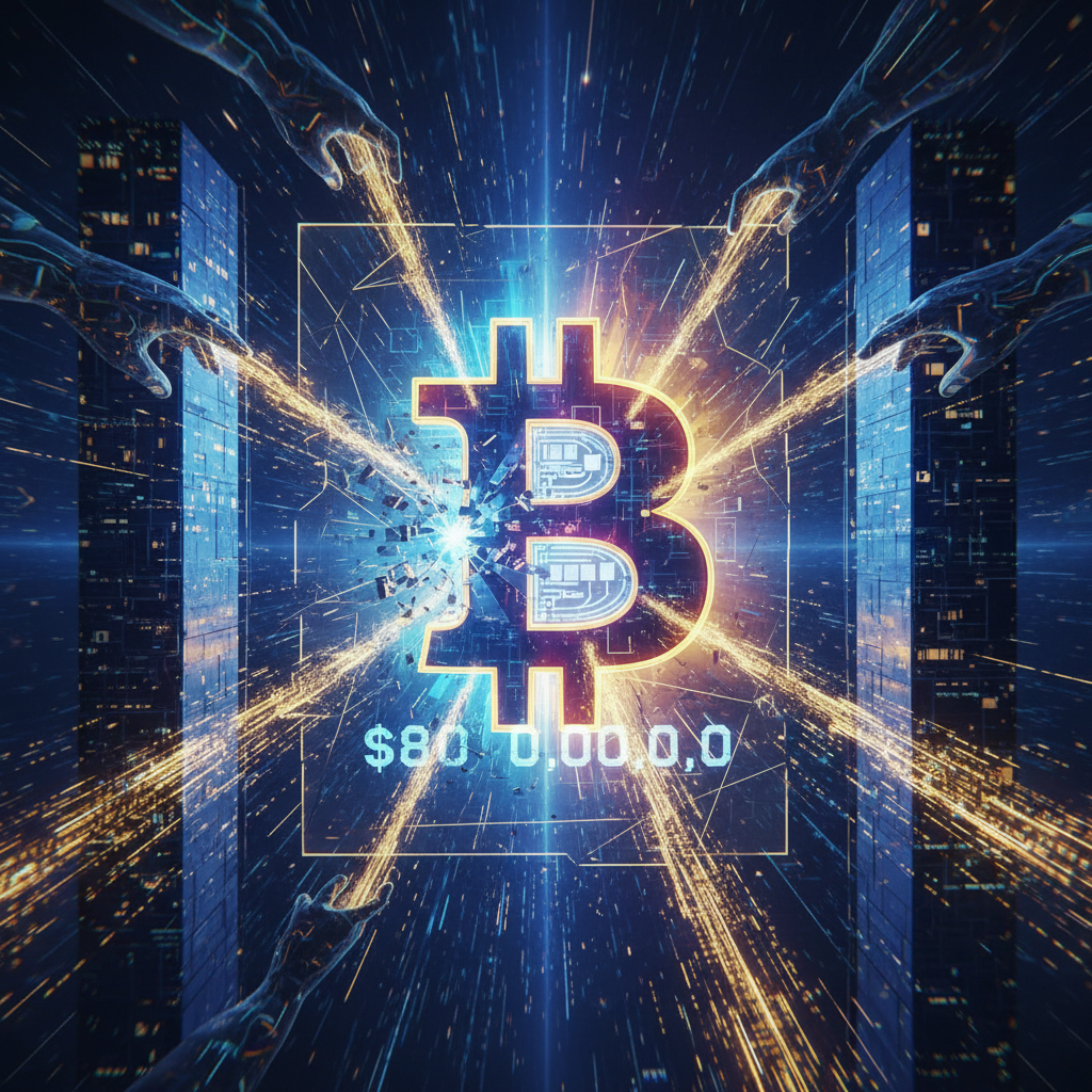 A powerful and dynamic image centered on a large, glowing Bitcoin symbol, depicted as breaking throu