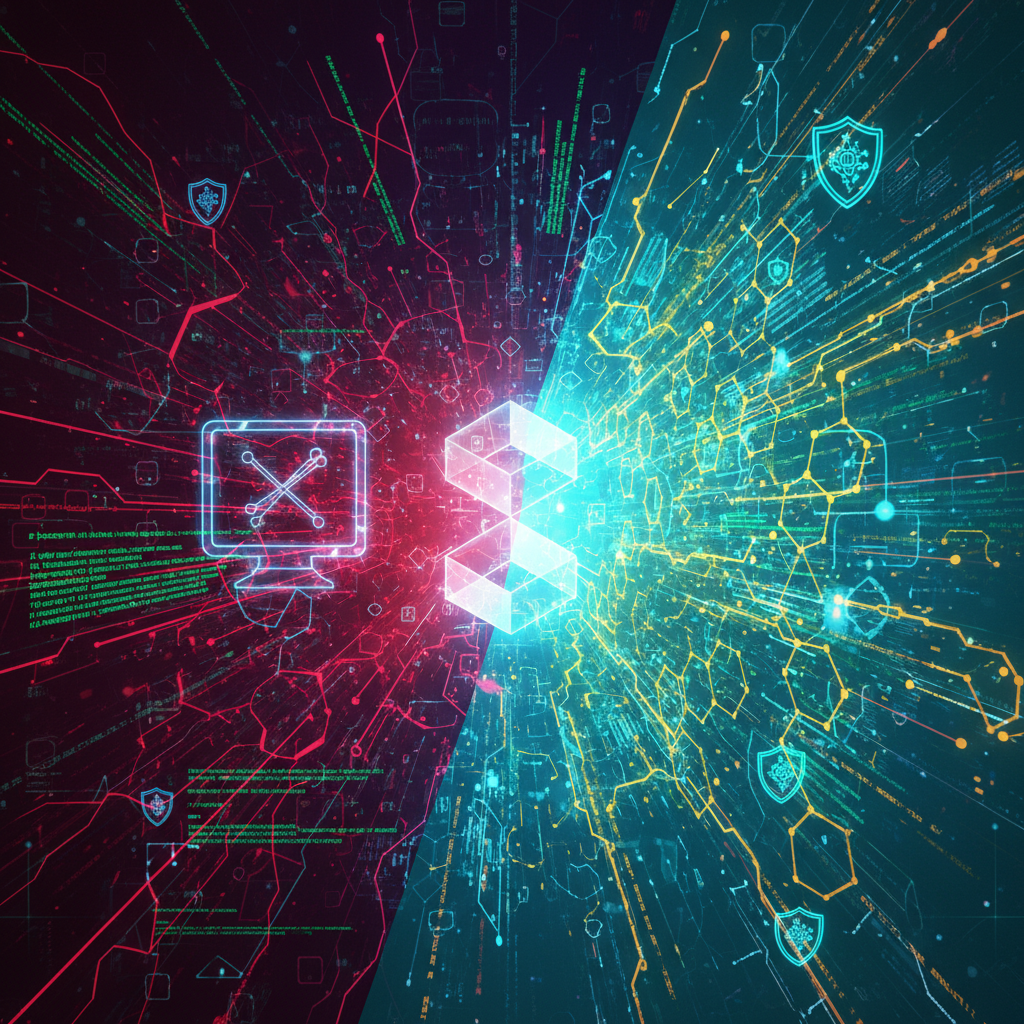 A split or interwoven image showcasing the dual nature of the blockchain ecosystem: on one side, abs