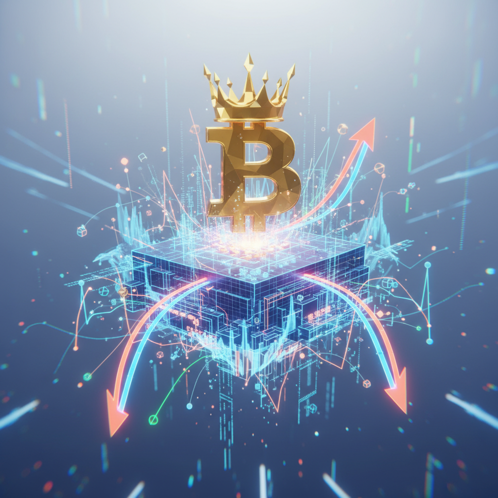 A majestic, slightly stylized golden Bitcoin symbol (B) resembling a crown or a powerful entity, pos