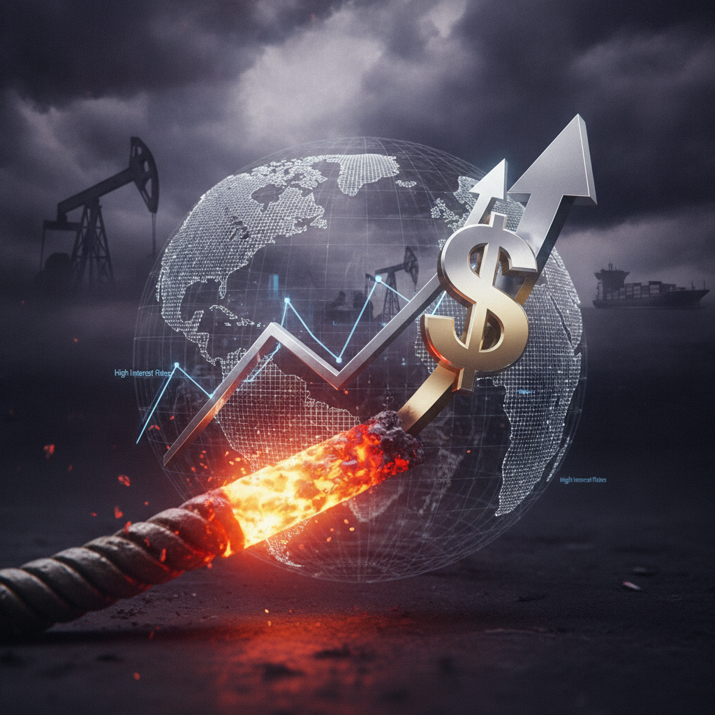A powerful visual metaphor depicting global macroeconomic tensions. In the foreground, a stylized, b