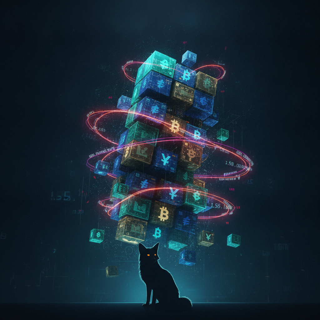 A precarious, towering structure made of abstract, glowing digital currency blocks, leaning dangerou