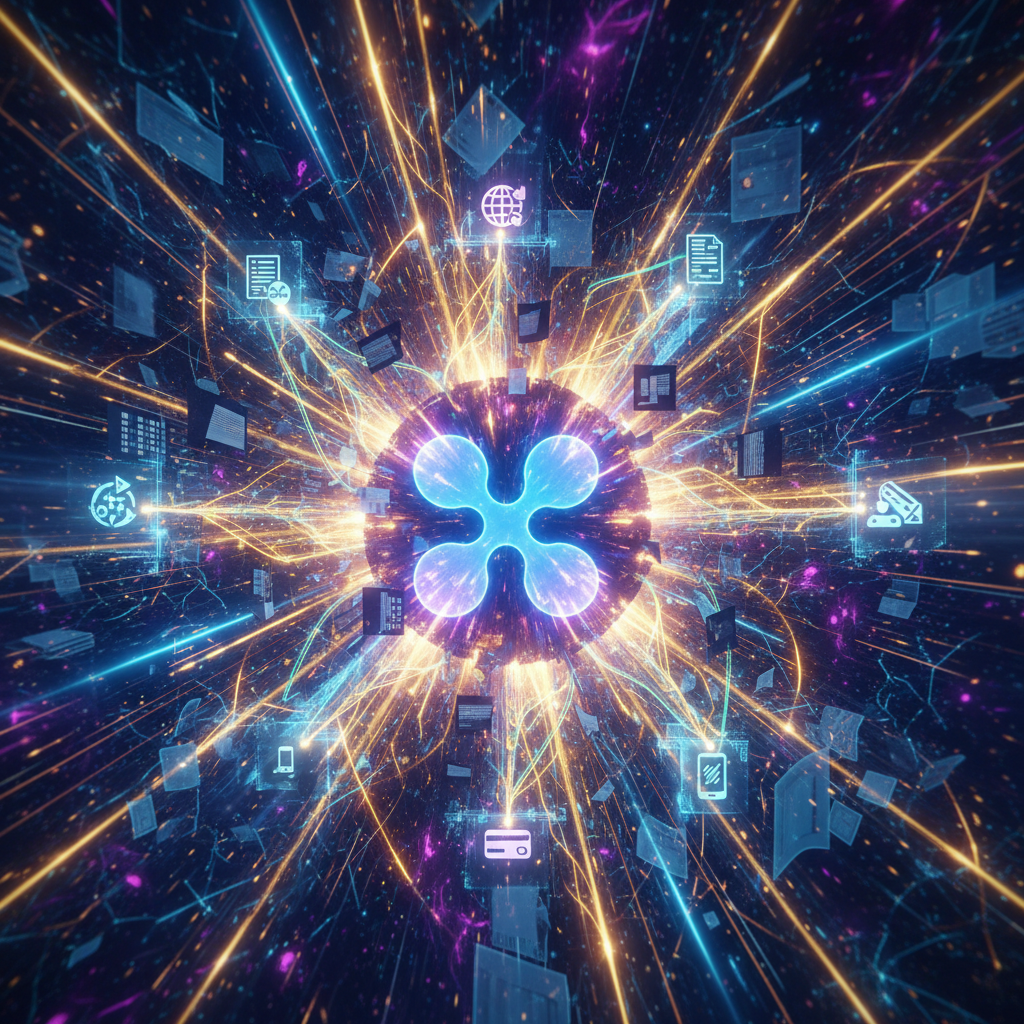 A vibrant, almost explosive scene centered around the XRP logo, emanating a powerful glow. The logo 