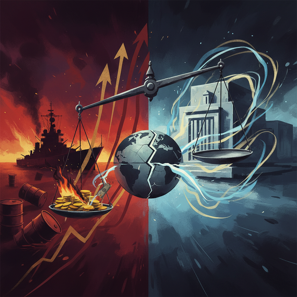 A powerful visual metaphor illustrating the global economic dilemma. On one side, a stylized represe